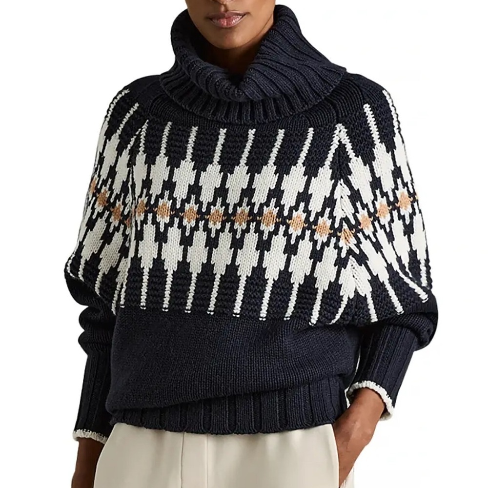 REISS Emma Navy Blue Cream Fair Isle Turtleneck Sweater - Picture 10 of 10